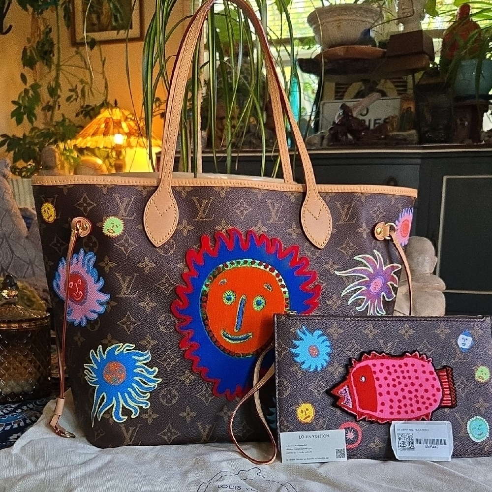 Louis Vuittonx Yayoi Kusama 2023 Monogram Faces Neverfull MM w/ Pouch